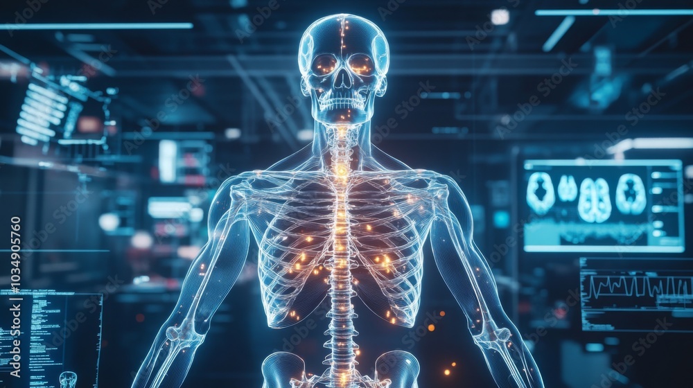 Poster a digital rendering of a human skeleton, with glowing orange points of light, is displayed in a dark