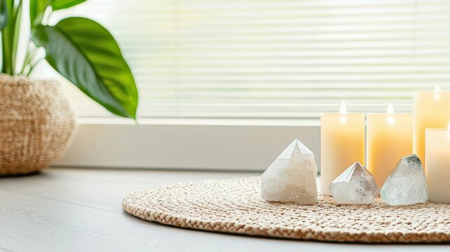 A white crystal and a bunch of candles are on a rug