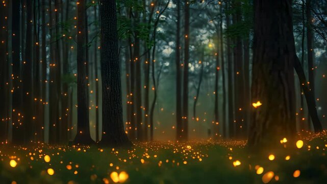 A forest filled with an abundance of bright, glowing lights creating an enchanting spectacle, A whimsical display of fireflies emerging at dusk in a dense forest