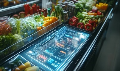 Produce in refrigerator with futuristic display.