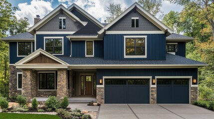 Fototapeta premium Blending modern and classic elements, this new home features dark blue siding, stone cladding, and a spacious three-car garage.