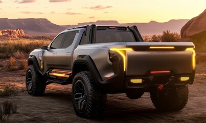 Truck in desert at sunset.