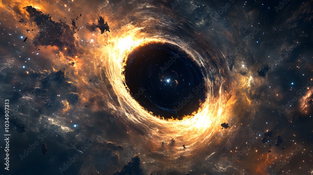 Wall mural abstract black hole system over star field with event horizon, gravity singularity in outer space.