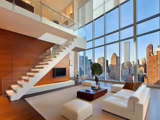 Fototapeta premium Moderne Maisonette, Loft, Küche, Schlafzimmer im Obergeschoss, Wohnzimmer mit schöner Aussicht auf die Stadt, weißes Sofa, Fernseher, Treppe