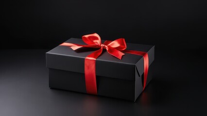 Obraz premium Luxury Gift Box with Red Satin Ribbon. A matte black gift box tied with a red satin ribbon. Clean and elegant, perfect for holiday promotions, greeting cards, and marketing visuals