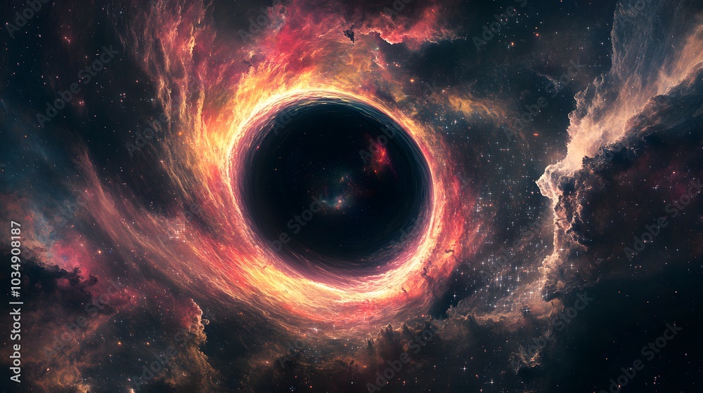 Wall mural abstract black hole system over star field with event horizon, gravity singularity in outer space.