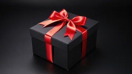Fototapeta premium Elegant Black Gift Box with Red Ribbon. A sleek black gift box with a vibrant red satin ribbon bow, set against a dark background. Perfect for festive, luxury, or promotional designs