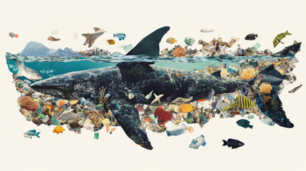 This art uses a collage style to show the problem of plastic pollution in the ocean.  It's a simple, modern design meant to inspire people to care for the environment and fight climate change.