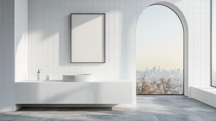 Fototapeta premium White kitchen interior with a panoramic view of the window, white tiles on the wall and concrete floor. Minimalist design concept.