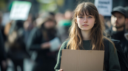 A young woman holds a sign at a street protest about climate change. People are gathered to discuss environmental problems, global warming, and the impact of industry.