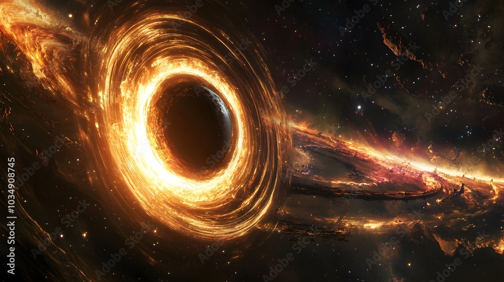 Wall mural abstract black hole system over star field with event horizon, gravity singularity in outer space.