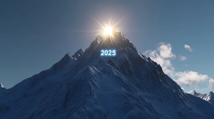 A dynamic leap into the air with 2025 glowing brightly at the peak of a mountain, with a clear blue sky