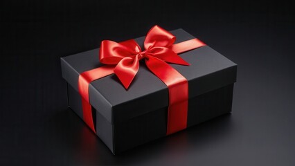 Obraz premium Luxury Gift Box with Red Satin Ribbon. A matte black gift box tied with a red satin ribbon. Clean and elegant, perfect for holiday promotions, greeting cards, and marketing visuals