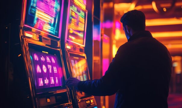 Man playing a slot machine in a casino.