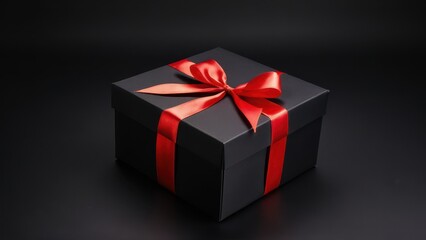 Obraz premium Luxury Gift Box with Red Satin Ribbon. A matte black gift box tied with a red satin ribbon. Clean and elegant, perfect for holiday promotions, greeting cards, and marketing visuals