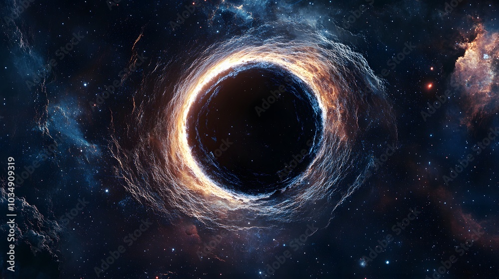 Wall mural abstract black hole system over star field with event horizon, gravity singularity in outer space.