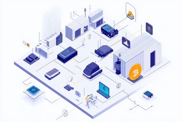 Illustrate a blockchain-enabled IoT ecosystem, devices communicate and execute commands autonomously via smart contracts, showcasing a secure, self-operating, and efficient technological environment