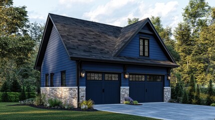 Contemporary two-car garage home with stylish blue siding and natural stone wall accents, showing modern charm
