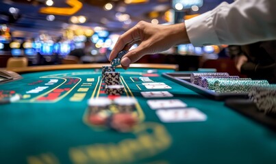 A hand places chips on a green felt casino table.