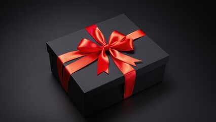 Obraz premium Elegant Black Gift Box with Red Ribbon. A sleek black gift box with a vibrant red satin ribbon bow, set against a dark background. Perfect for festive, luxury, or promotional designs