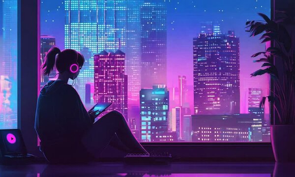 Lo-fi anime girl sitting by window listen to music, city neon skyline outside. Cool atmosphere animation manga style illustration wallpaper, sad rany night, chill jazz relax video streaming background