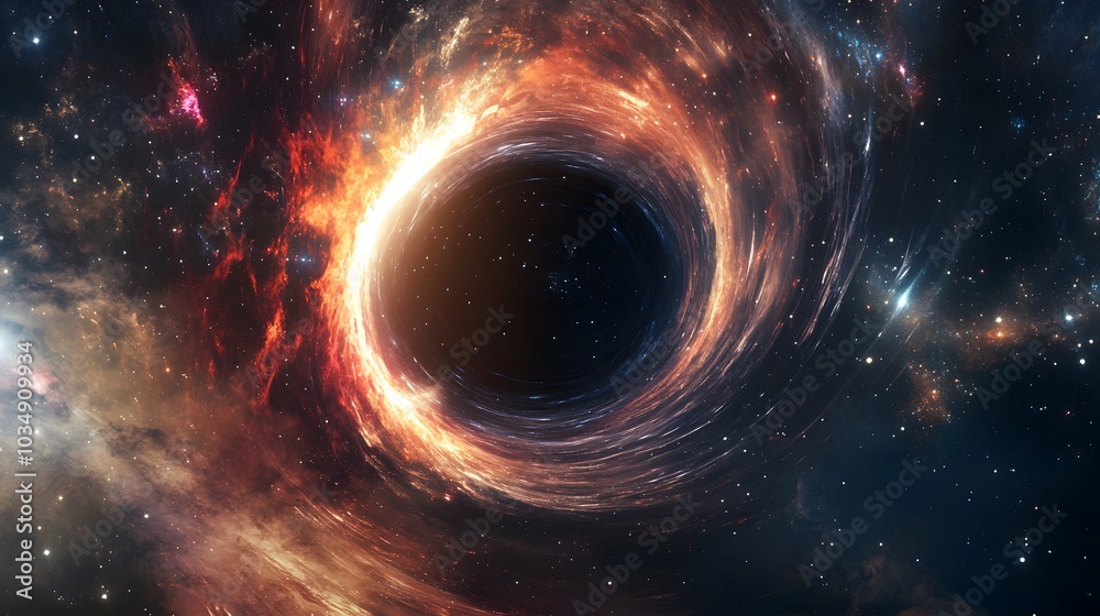 Wall mural abstract black hole system over star field with event horizon, gravity singularity in outer space.
