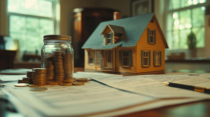 A jar full of coins sits on a table next to a house model and a pen