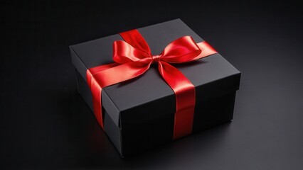 Obraz premium Elegant Black Gift Box with Red Ribbon. A sleek black gift box with a vibrant red satin ribbon bow, set against a dark background. Perfect for festive, luxury, or promotional designs