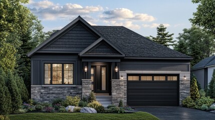 Dark gray siding home with natural stone cladding, featuring a single-car garage and minimalist landscaping