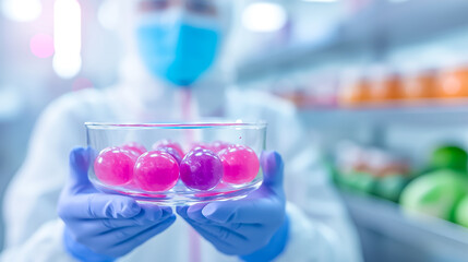 A laboratory technician in protective gear carefully presents a glass dish containing vibrant spheres, showcasing an important step in a scientific experiment
