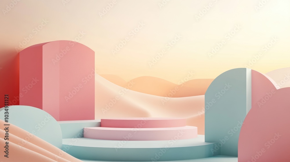Wall mural abstract minimal concept featuring a pastel multi color background with a podium and geometric cube 