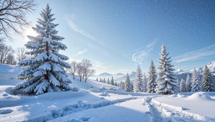 Snow-covered winter landscape with pine trees and mountains
