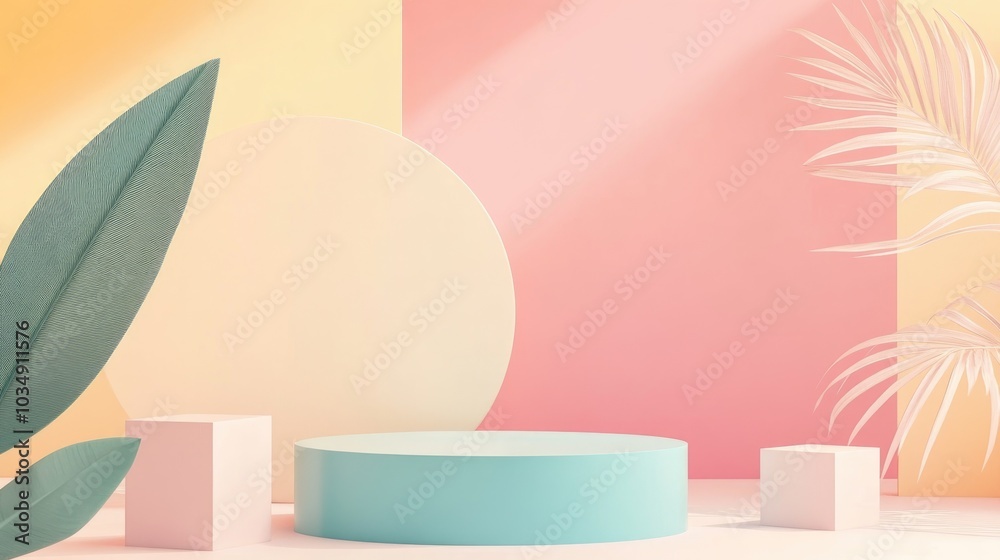 Wall mural abstract minimal concept featuring a pastel multi color background with a podium and geometric cube 