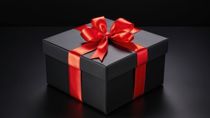 Fototapeta premium Elegant Black Gift Box with Red Ribbon. A sleek black gift box with a vibrant red satin ribbon bow, set against a dark background. Perfect for festive, luxury, or promotional designs