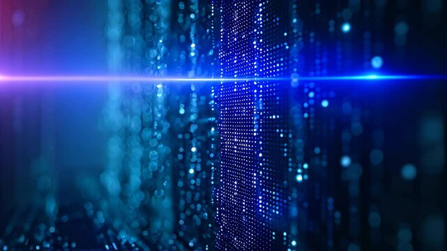 A Video showcasing a vivid blue and black background filled with a multitude of dots in various sizes and arrangements, Abstract background with a cascade of digital matrix code