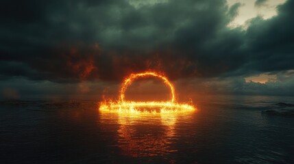 A radiant ring of fire illuminates the water beneath an overcast sky creating an enchanting and potent ambiance filled with magic and elemental forces