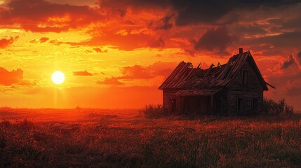 Creative Background Ruined Wooden House On A Background Of Beautiful Sunset The Concept Of A Magical Background Fantasy Mysticism Devastation Old Age