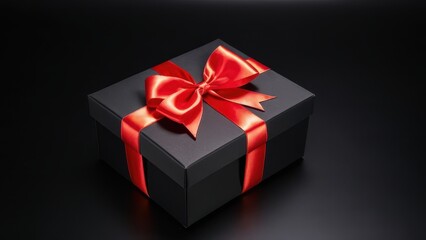 Fototapeta premium Elegant Black Gift Box with Red Ribbon. A sleek black gift box with a vibrant red satin ribbon bow, set against a dark background. Perfect for festive, luxury, or promotional designs