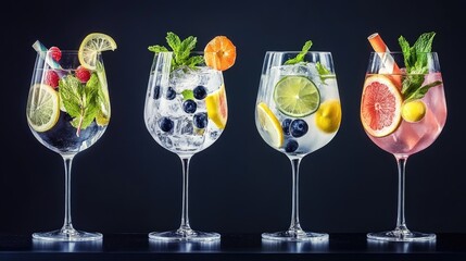 Colorful alcoholic cocktails, each in a distinct glass, with garnishes like citrus wedges, mint sprigs, and fruit peels, arranged neatly on a modern bar.