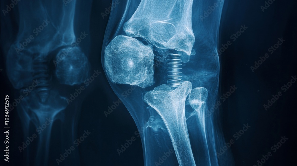 Aufkleber a detailed view of a human knee joint captured through x-ray imaging, showcasing the bone structure 