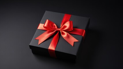 Minimalist Black Box with Red Ribbon. A stylish black gift box with a bright red ribbon on a dark background. Ideal for holiday, birthday, or luxury advertising materials