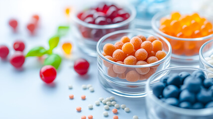 A vibrant collection of various candies is showcased in glass bowls, featuring an array of shapes and colors that create a delightful atmosphere for a party