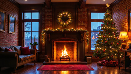Christmas tree and fireplace in festive brick living room