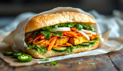 Vegan B&aacute;nh M&igrave; Sandwich with Tofu, Pickled Vegetables, and Fresh Herbs (Vegan Cuisine)