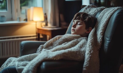 A young boy sleeps on a couch under a blanket.