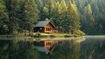 Fototapeta premium Tranquil Lakeside Cabin Surrounded by Forest