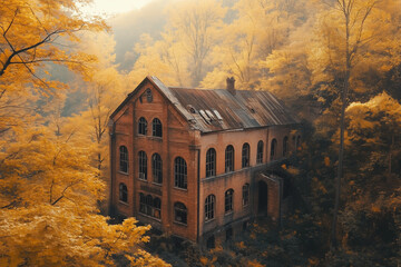 Abandoned Factory in Autumn Landscape