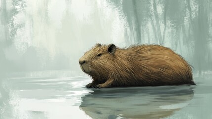 A solitary capybara rests on a smooth milky surface