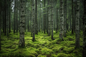 Fototapeta premium A forest with moss growing on the ground and trees, generative ai image