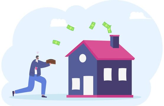 Businessman with money is flying away to debt house, illustration vector cartoon

